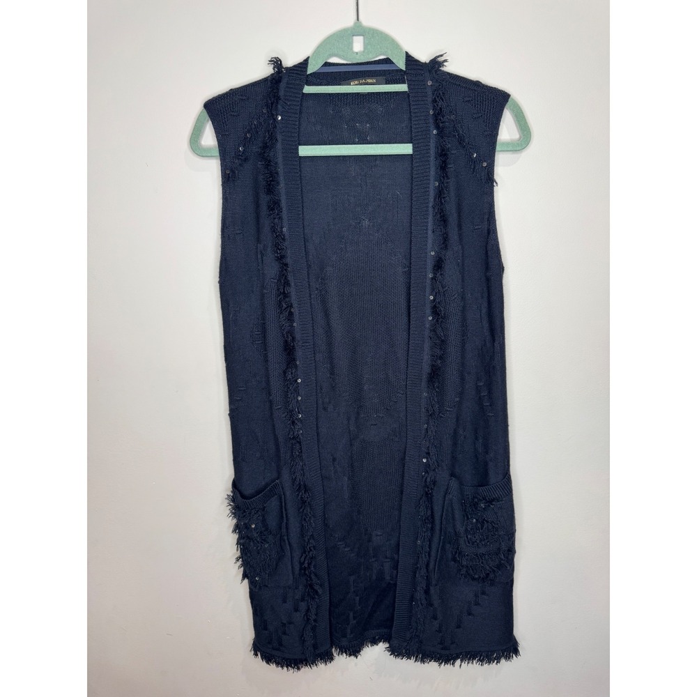Kobi Ashton Beaded Fringe Sweater Vest Sleeveless Cardigan Navy sz XS Wool Boho‎